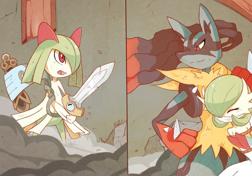 gardevoir, lucario, mega gardevoir, kirlia, mega lucario, and 1 more (pokemon) drawn by sally_(luna-arts)