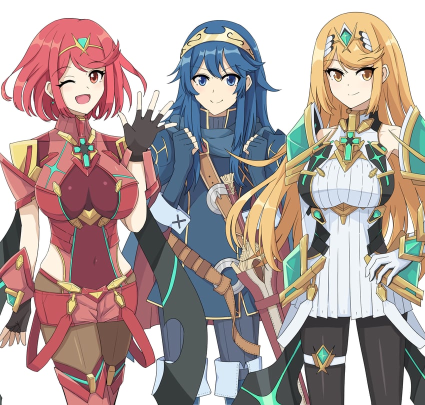 pyra, lucina, and mythra (fire emblem and 4 more) drawn by zyuuyon