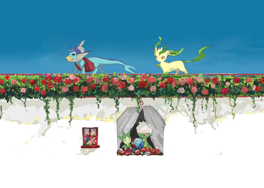 vaporeon, leafeon, roserade, roselia, and phanpy (pokemon) drawn by apios