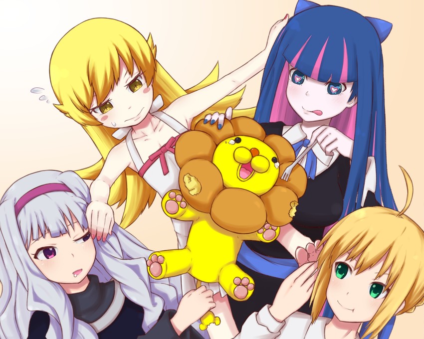 artoria pendragon, saber, oshino shinobu, shijou takane, stocking, and 1 more (fate and 6 more) drawn by neotame_(lic-lac-sora)