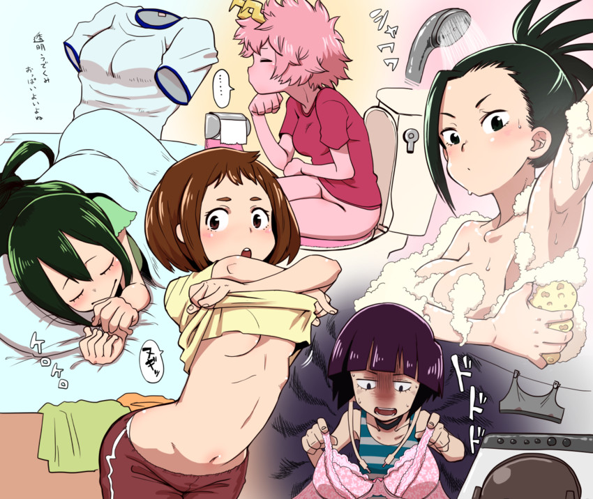 uraraka ochaco, asui tsuyu, yaoyorozu momo, ashido mina, jiro kyoka, and 1 more (boku no hero academia) drawn by uchuu_ika