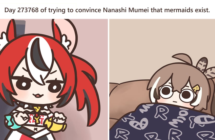 nanashi mumei and hakos baelz (hololive and 1 more) drawn by bloodymoonia