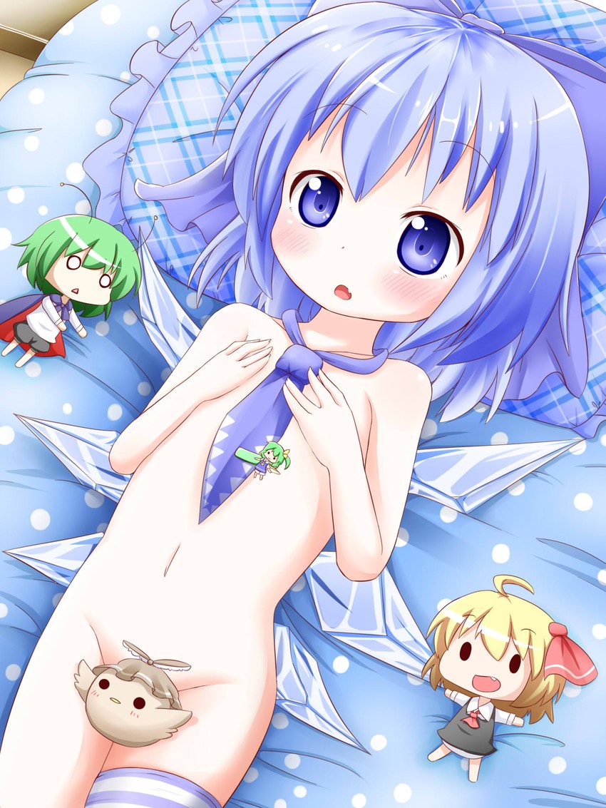 cirno, rumia, mystia lorelei, daiyousei, and wriggle nightbug (touhou) drawn by makuran