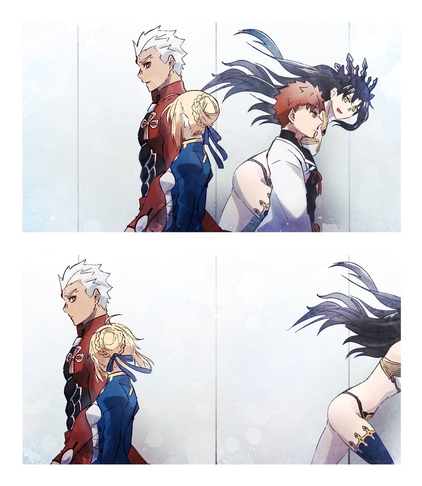 artoria pendragon, saber, emiya shirou, archer, ishtar, and 1 more (fate and 2 more) drawn by yamano_udumi