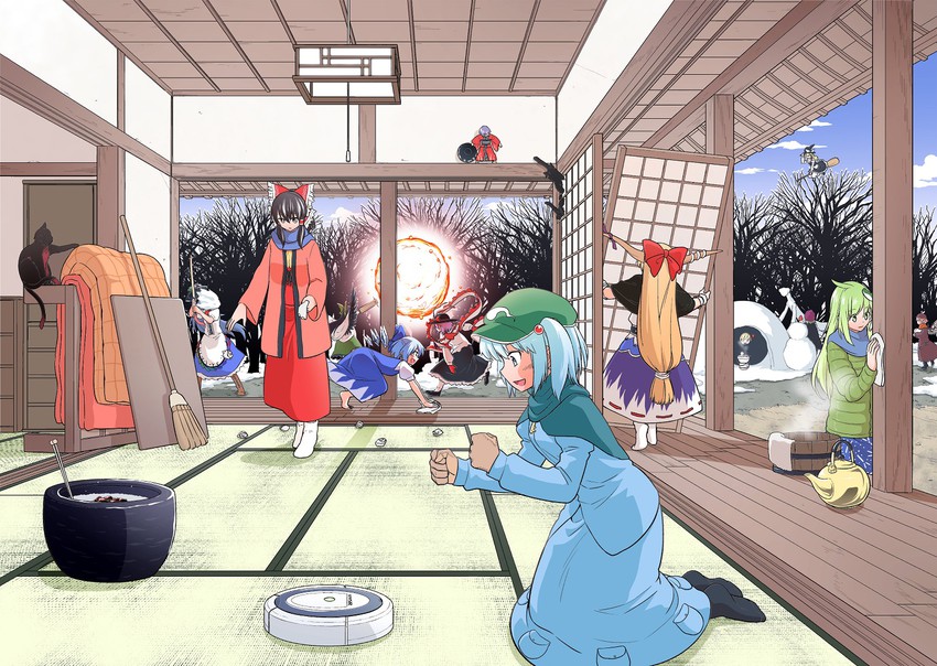 hakurei reimu, kirisame marisa, kochiya sanae, cirno, kaenbyou rin, and 10 more (touhou) drawn by fuuzasa