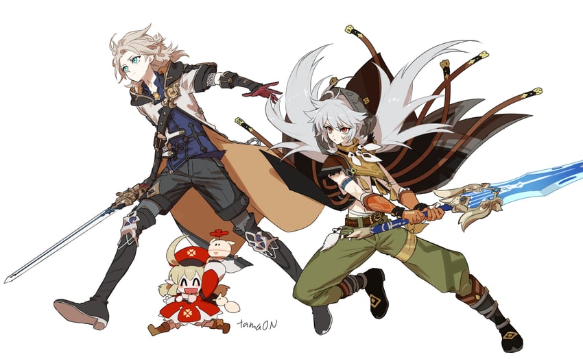 klee, dodoco, albedo, jumpy dumpty, and razor (genshin impact) drawn by tamaon