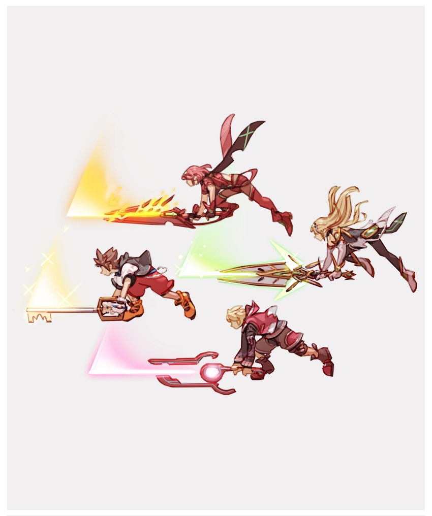 pyra, sora, mythra, and shulk (xenoblade chronicles and 5 more) drawn by nin_nakajima