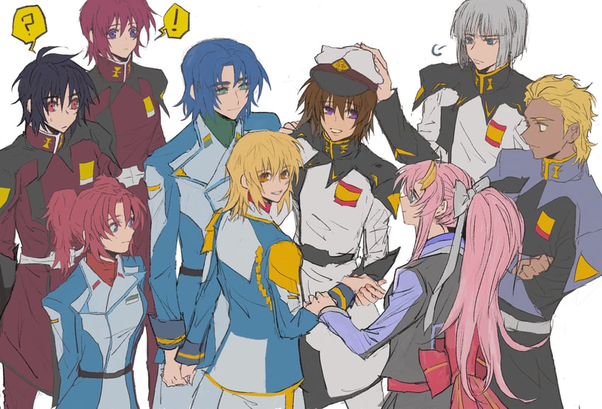 cagalli yula athha, athrun zala, lacus clyne, lunamaria hawke, kira yamato, and 4 more (gundam and 1 more) drawn by she_(morianosu)