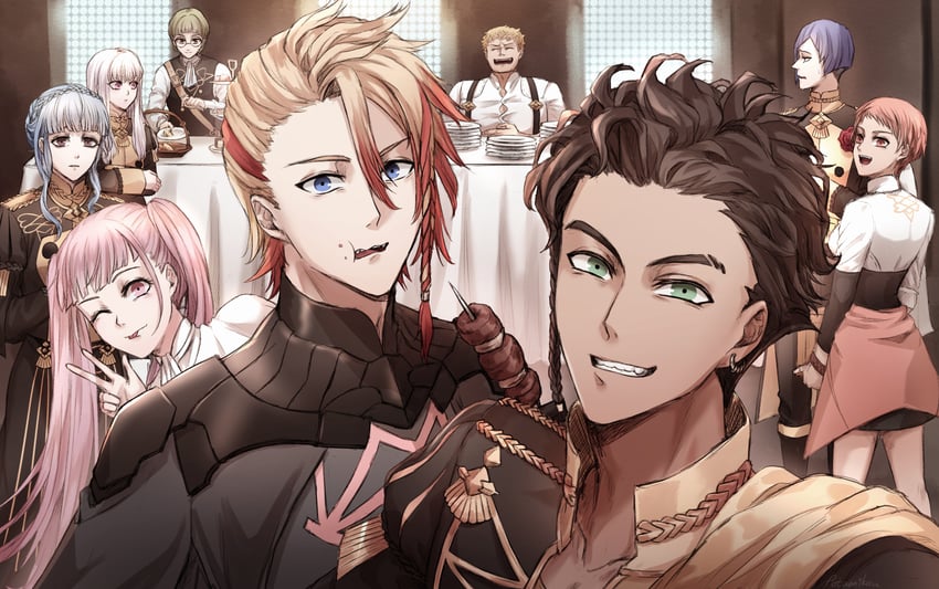 hilda valentine goneril, male byleth, lysithea von ordelia, marianne von edmund, claude von riegan, and 5 more (fire emblem and 3 more) drawn by potamikouu