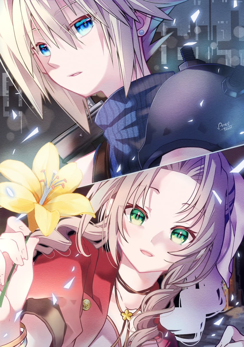 cloud strife and aerith gainsborough (final fantasy and 2 more) drawn by arestear0701