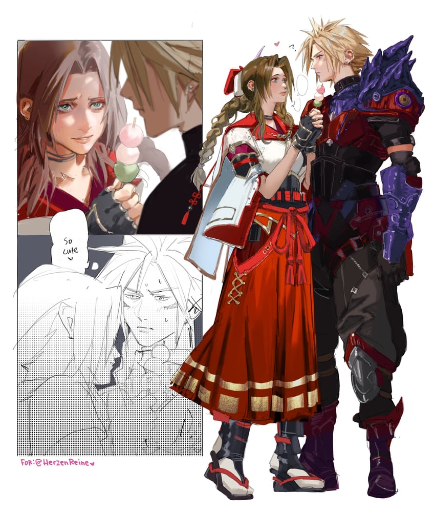 cloud strife, aerith gainsborough, and hinoa (final fantasy and 4 more) drawn by thisuserisalive