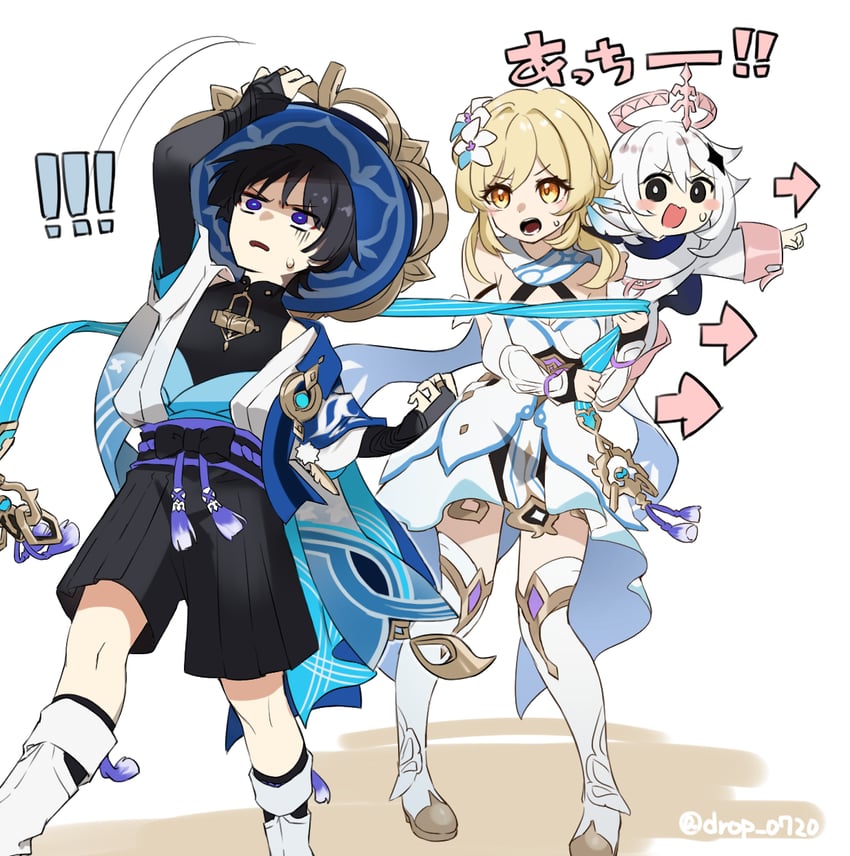 lumine, scaramouche, wanderer, and paimon (genshin impact) drawn by drop_0720