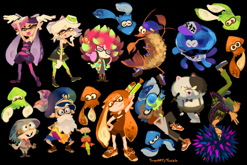 inkling player character, inkling girl, callie, marie, inkling boy, and 8 more (splatoon and 1 more) drawn by temmie_chang