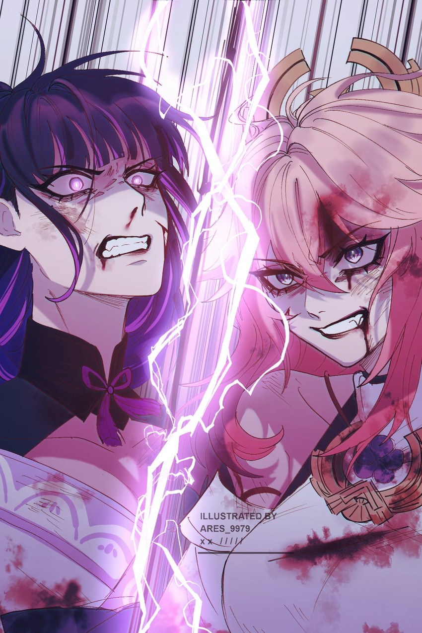 raiden shogun and yae miko (genshin impact) drawn by ares_9979