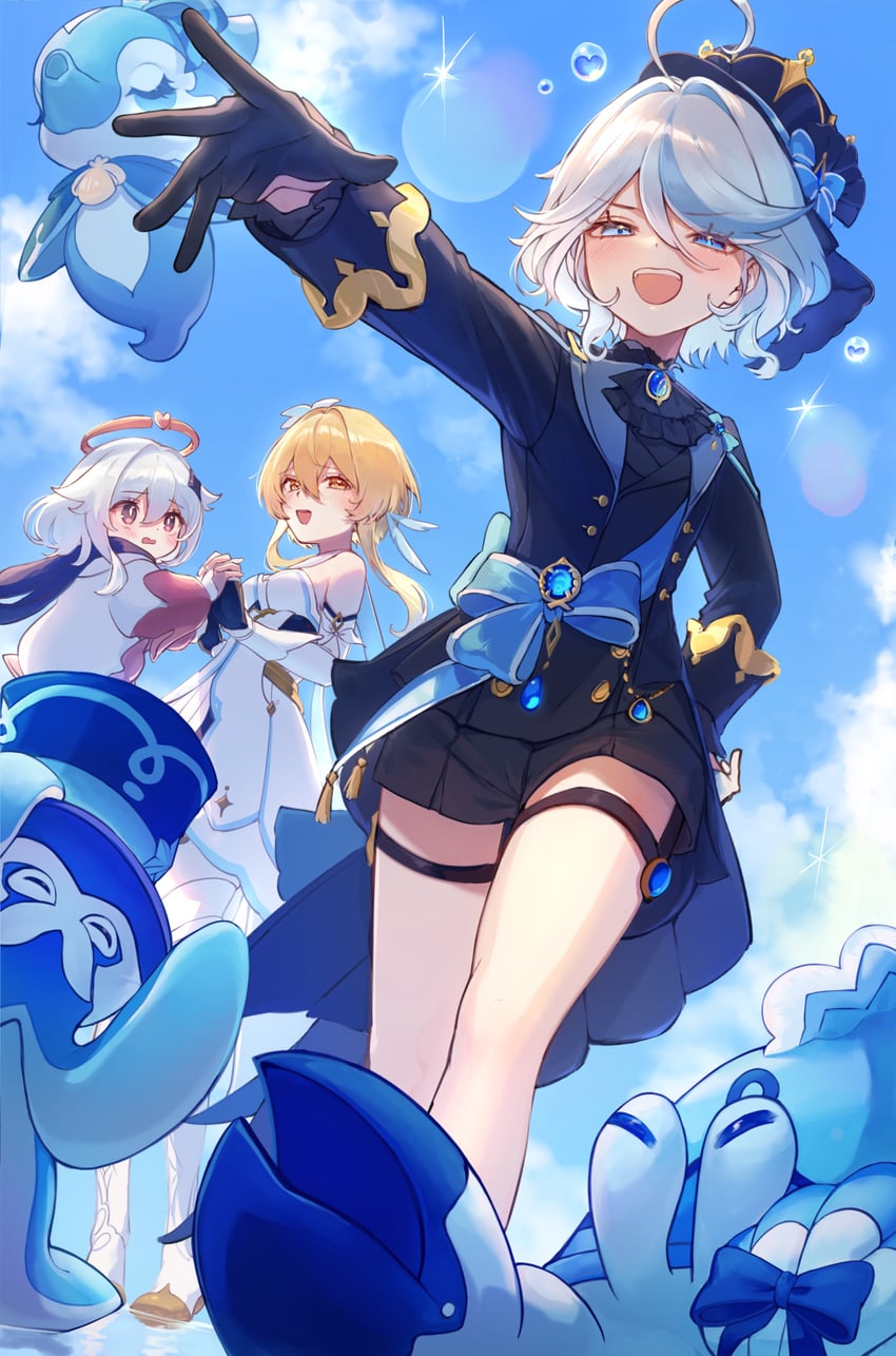 lumine, furina, paimon, surintendante chevalmarin, gentilhomme usher, and 1 more (genshin impact) drawn by imasaki_kei