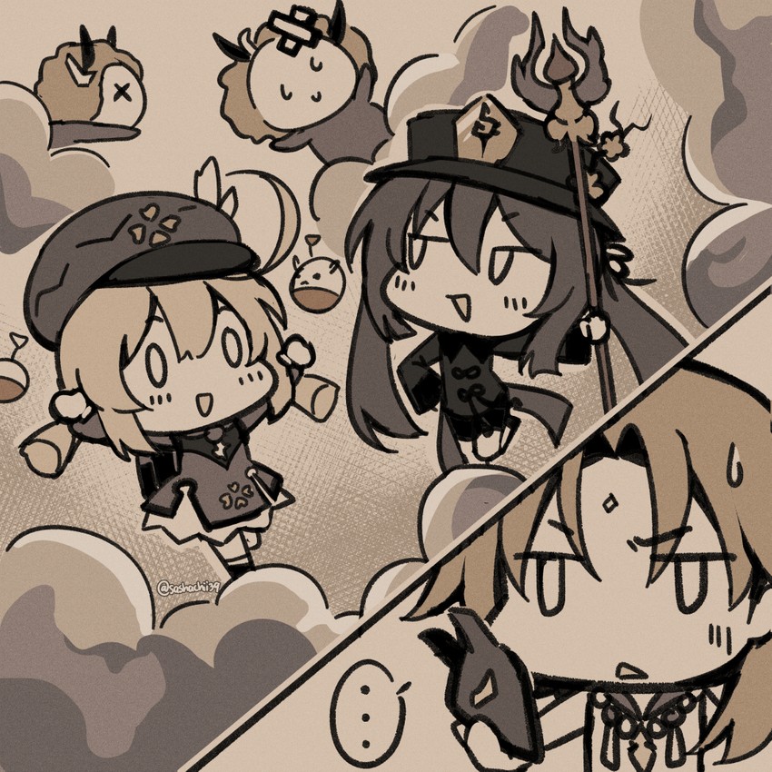 hu tao, klee, xiao, jumpy dumpty, and hilichurl (genshin impact) drawn by sasha_chii