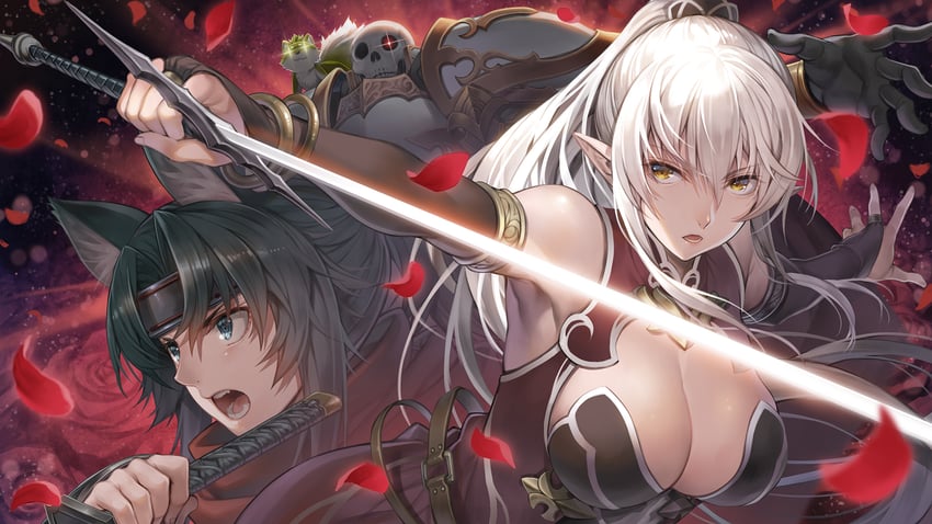 ariane glenys maple, ponta, chiyome, and arc lalatoya (gaikotsu kishi-sama tadaima isekai e odekake-chuu) drawn by hagure_keg