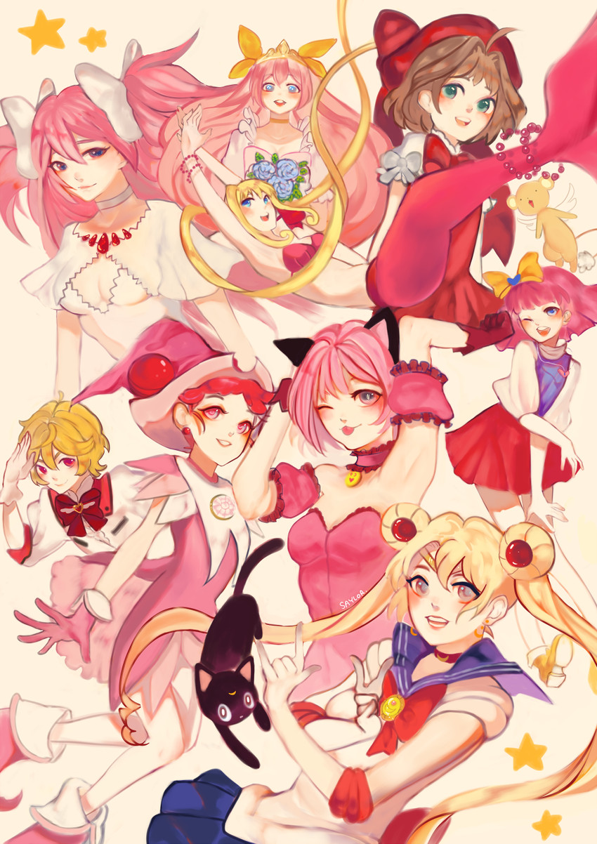 kaname madoka, kinomoto sakura, tsukino usagi, ultimate madoka, sailor moon, and 9 more (mahou shoujo madoka magica and 8 more) drawn by saylor