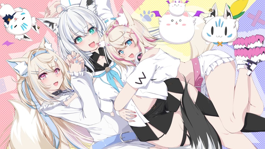 shirakami fubuki, fuwawa abyssgard, mococo abyssgard, sukonbu, and perroccino (hololive and 1 more) drawn by hiro_(phese)