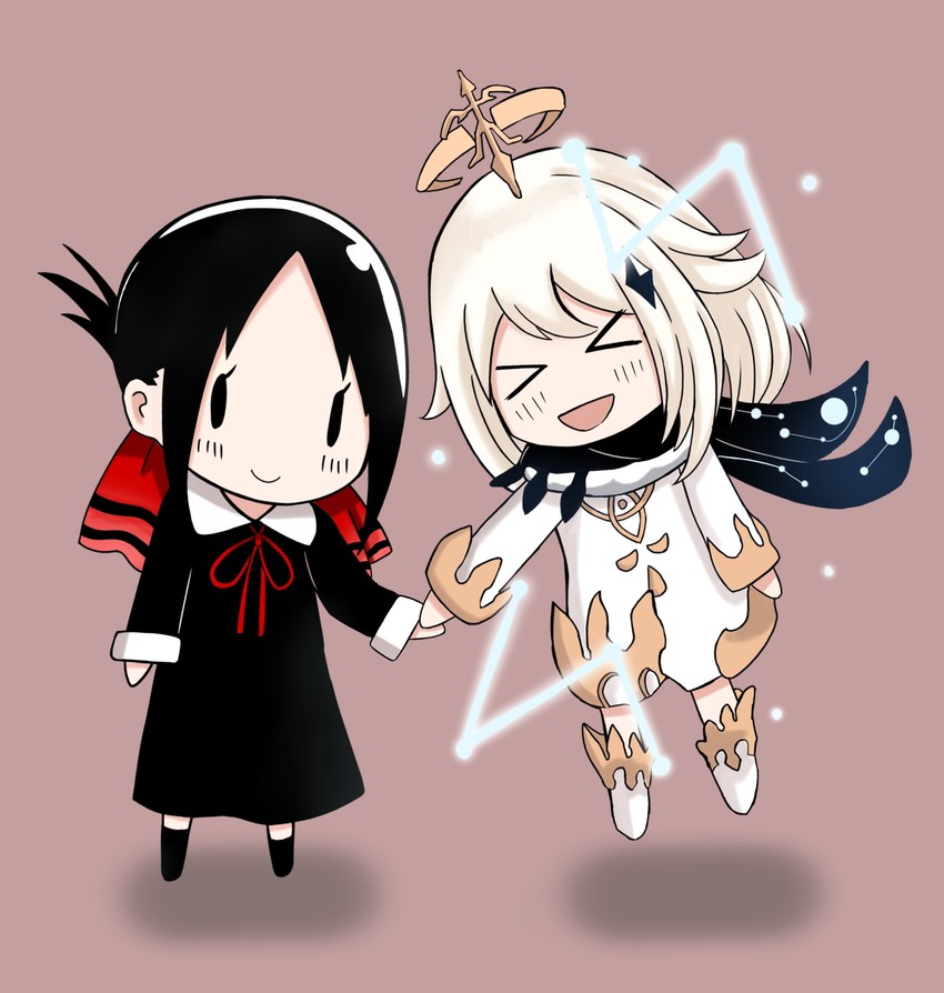 paimon, shinomiya kaguya, and koga aoi (genshin impact and 1 more) drawn by saltywetspirit