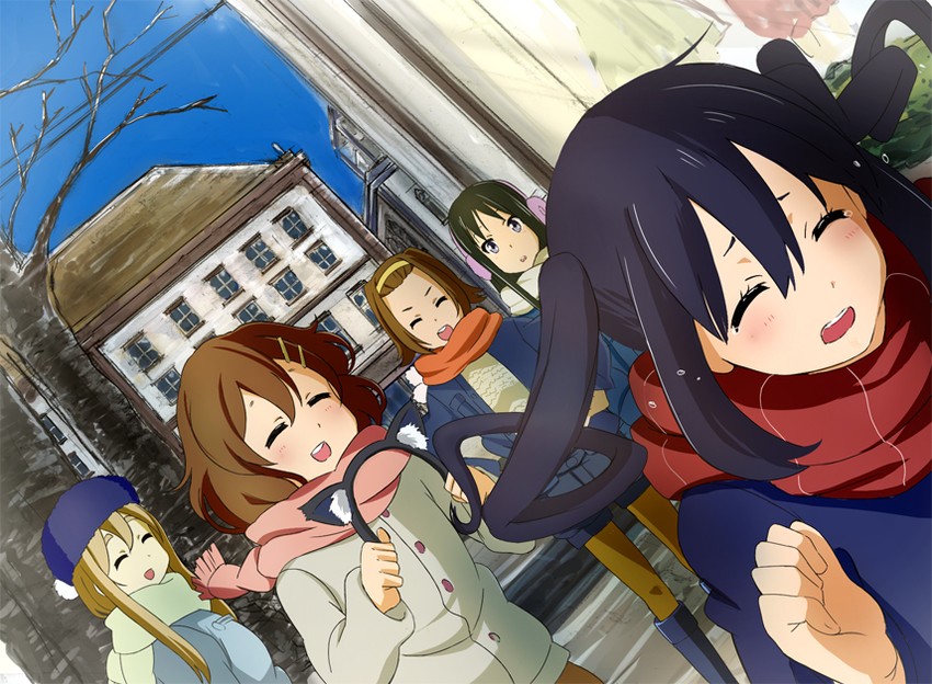 akiyama mio, nakano azusa, hirasawa yui, tainaka ritsu, and kotobuki tsumugi (k-on! and 1 more) drawn by aone_(slave-nill0012)