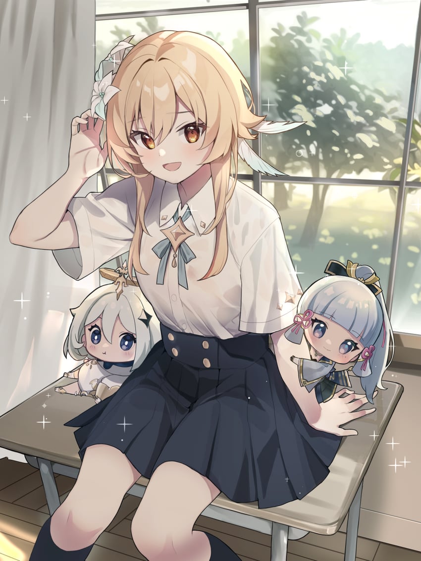 lumine, paimon, and kamisato ayaka (genshin impact) drawn by mkichi