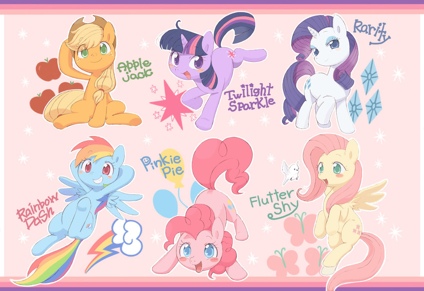 twilight sparkle, fluttershy, rainbow dash, pinkie pie, applejack, and 1 more (my little pony and 1 more) drawn by kamijou_shoutarou