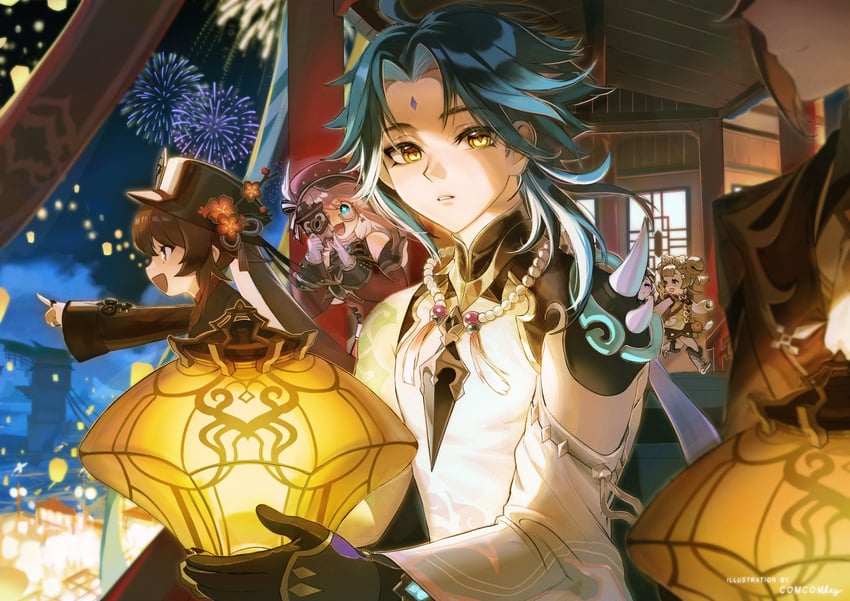 hu tao, zhongli, xiao, qiqi, yaoyao, and 1 more (genshin impact) drawn by comcom_(comcomhey)