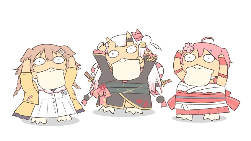 sakura miko, inugami korone, nakiri ayame, and psyduck (pokemon and 1 more) drawn by ghizwist