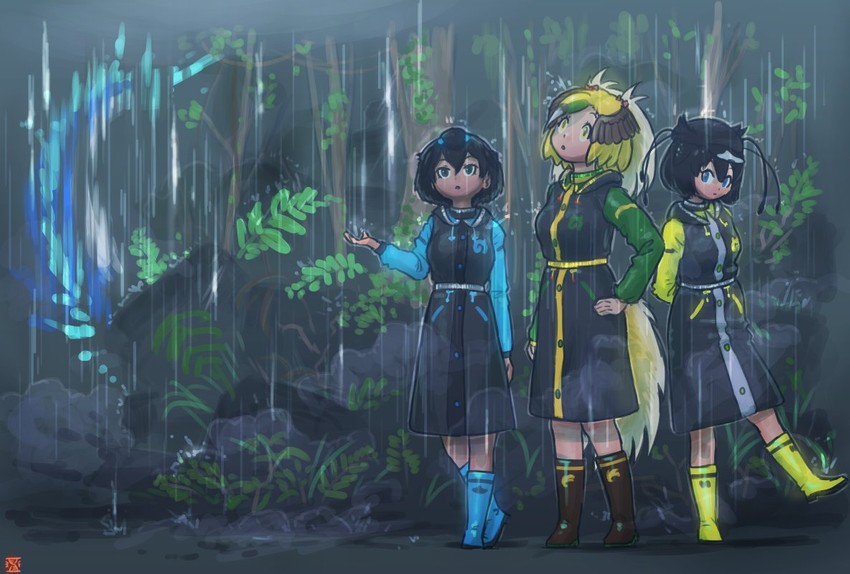 superb bird-of-paradise, western parotia, and greater bird-of-paradise (kemono friends) drawn by imnim_leef