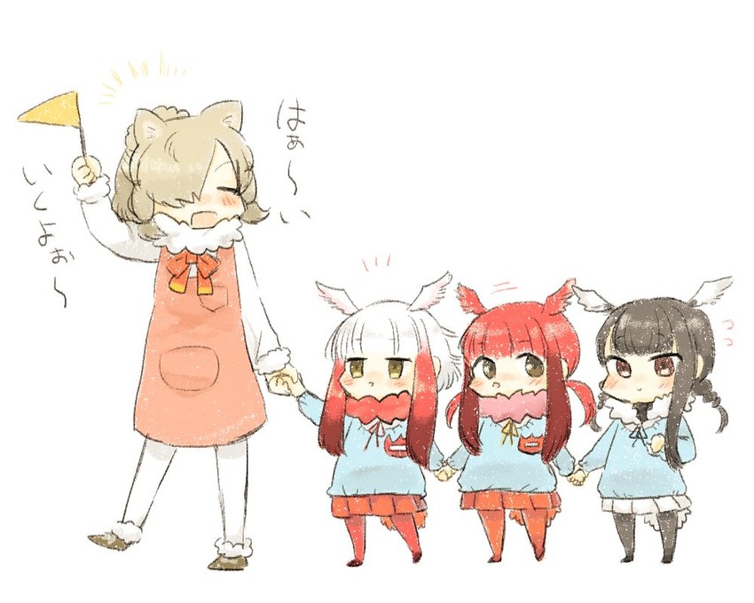 japanese crested ibis, alpaca suri, scarlet ibis, and black-headed ibis (kemono friends) drawn by moeki_(moeki0329)