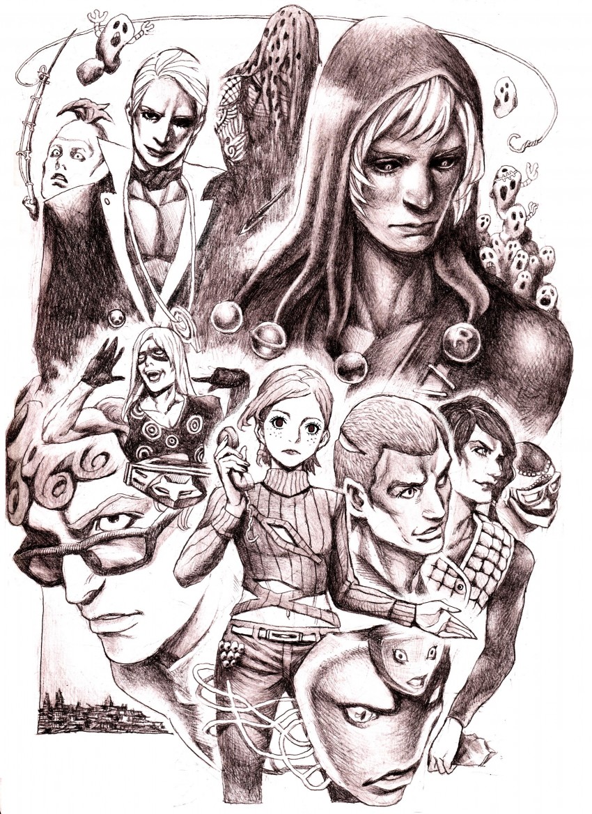 diavolo, prosciutto, vinegar doppio, risotto nero, melone, and 8 more (jojo no kimyou na bouken and 1 more) drawn by nobita_(makoto7060355)
