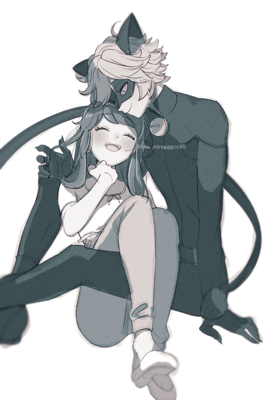 marinette dupain-cheng, adrien agreste, and chat noir (miraculous ladybug) drawn by seio_(nao_miragggcc45)