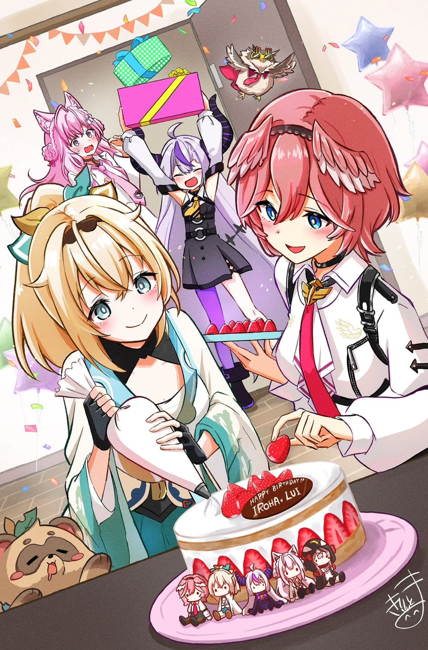 sakamata chloe, la+ darknesss, hakui koyori, kazama iroha, takane lui, and 1 more (hololive) drawn by kiritoma