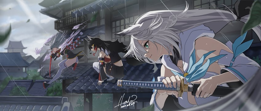 shirakami fubuki, ookami mio, and nakiri ayame (hololive) drawn by hz_(helu_2)