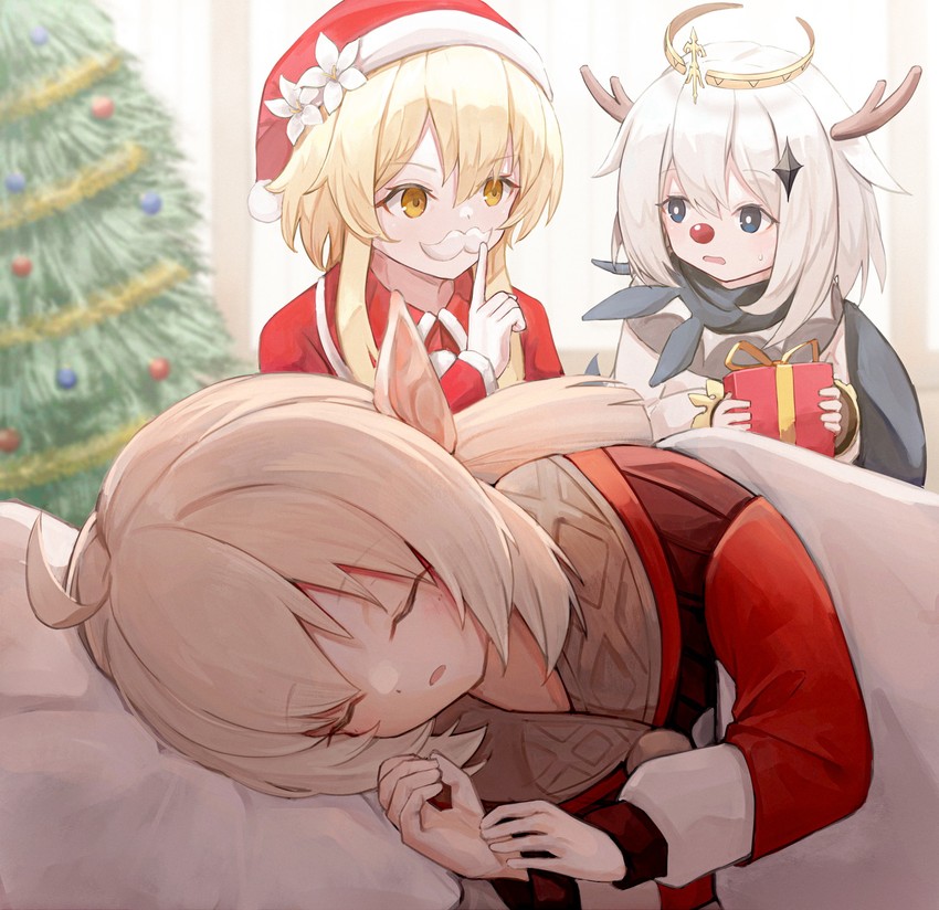 lumine, paimon, and klee (genshin impact) drawn by ebiri_fy