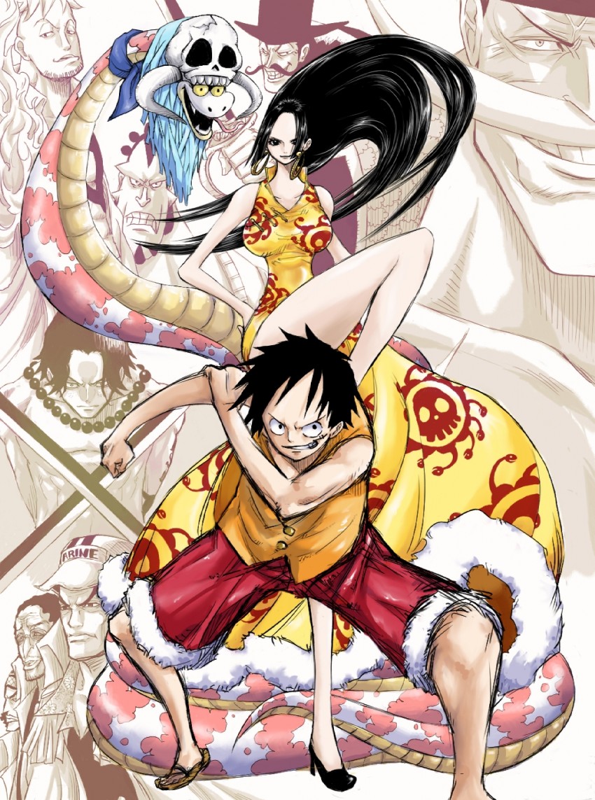 monkey d. luffy, boa hancock, portgas d. ace, salome, marco, and 7 more (one piece) drawn by choker_(pixiv)