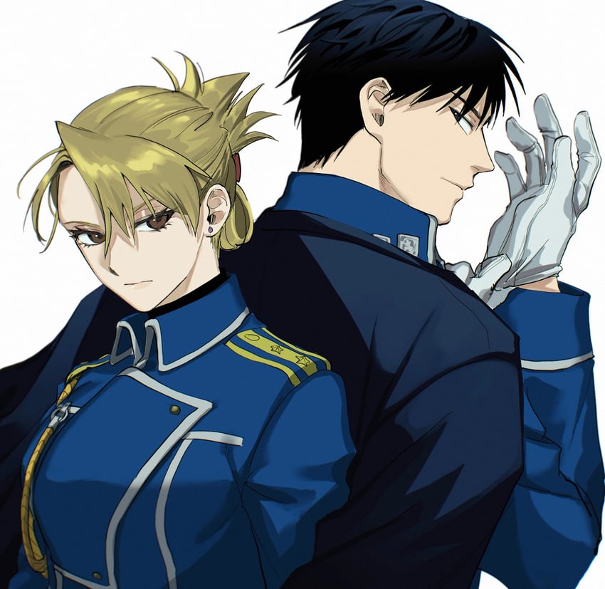 riza hawkeye and roy mustang (fullmetal alchemist) drawn by ozaki_(tsukiko3)