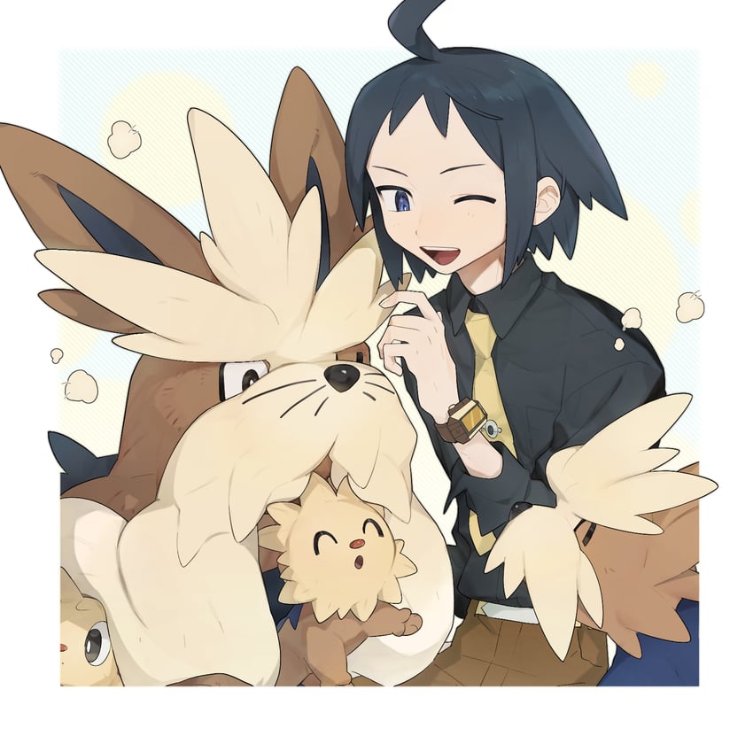 cheren, lillipup, stoutland, and herdier (pokemon and 1 more) drawn by mimura_(nnnnnnnnmoo)