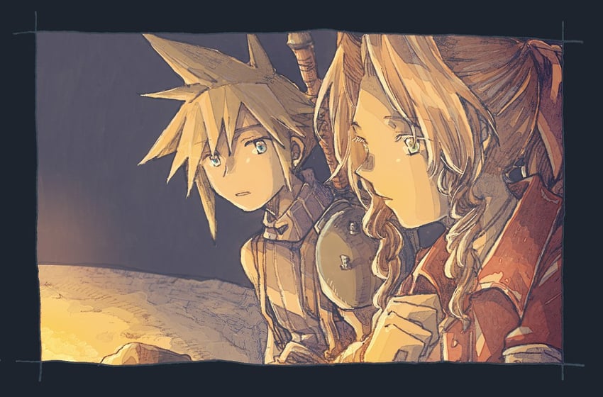 cloud strife and aerith gainsborough (final fantasy and 1 more) drawn by michibata_65