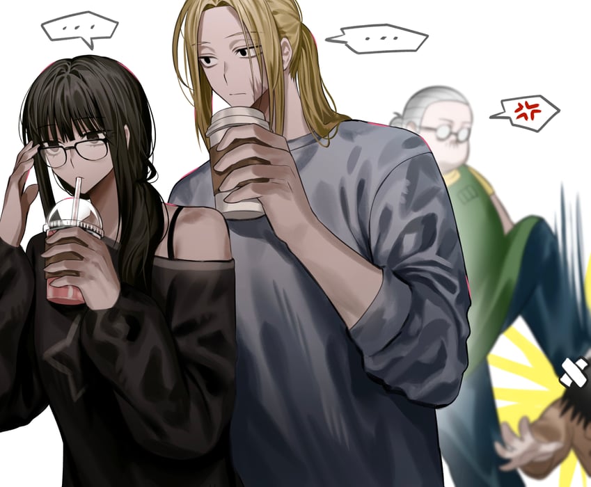 nagumo, osaragi, sakamoto taro, and shishiba (sakamoto days) drawn by gomang1201