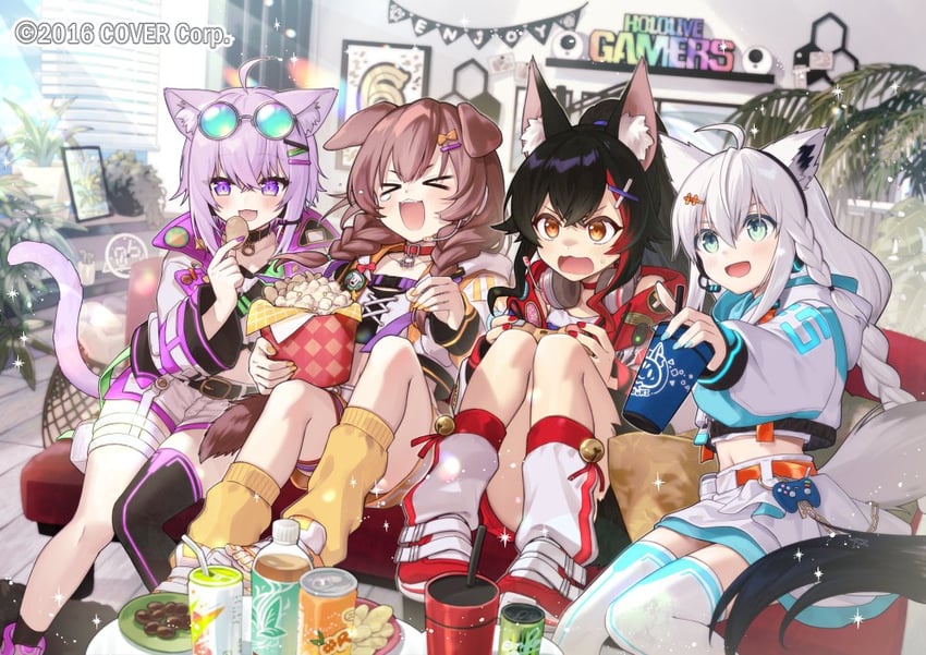 shirakami fubuki, nekomata okayu, ookami mio, and inugami korone (hololive) drawn by sacanahen