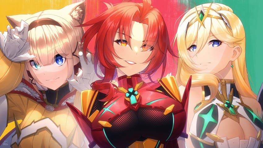 pyra, mythra, nia, murata himeko, durandal, and 1 more (honkai and 3 more) drawn by acrylicstroke