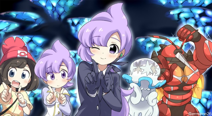 selene, nihilego, anabel, and buzzwole (pokemon and 2 more) drawn by eromame