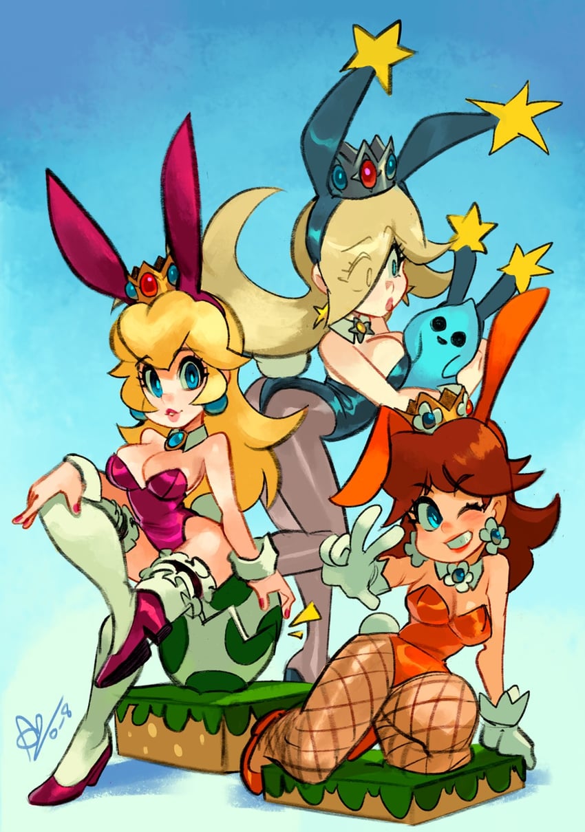 princess peach, rosalina, princess daisy, luma, and blue luma (mario) drawn by alex_ahad