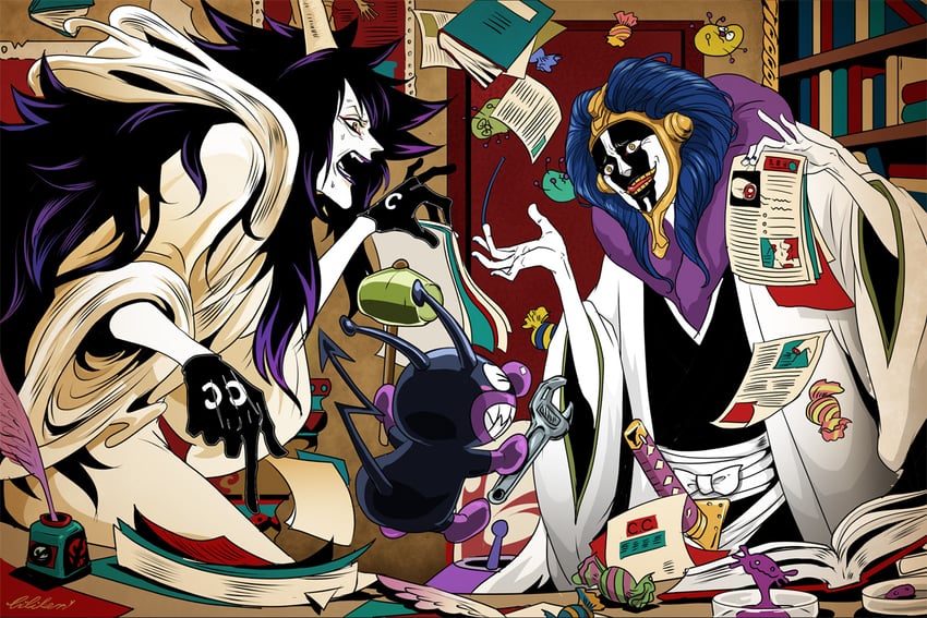 kurotsuchi mayuri, caesar clown, baikinman, and nakao ryuusei (one piece and 2 more) drawn by biliken
