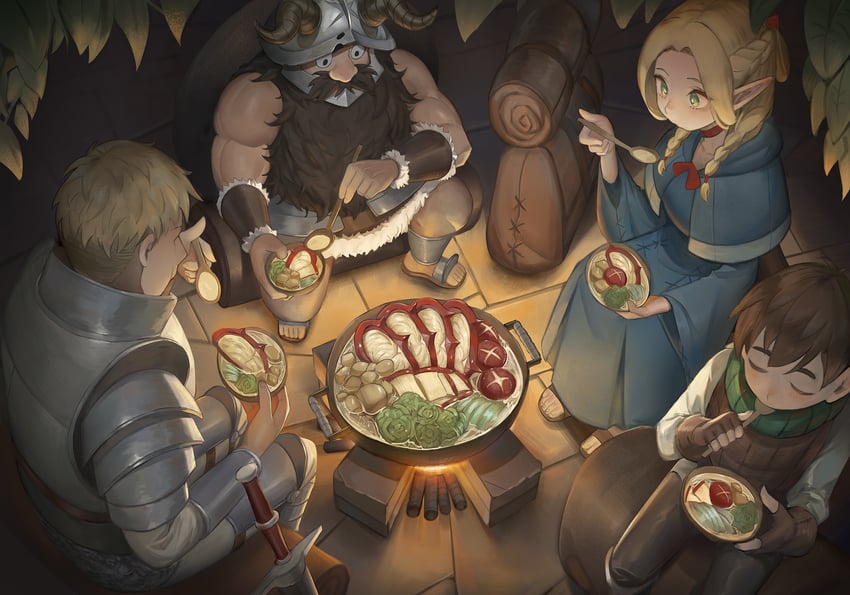 marcille donato, laios touden, senshi, and chilchuck tims (dungeon meshi) drawn by nerita_(neritarine)