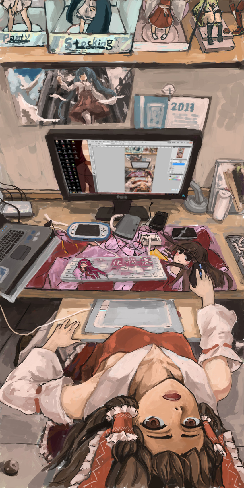 hatsune miku, hakurei reimu, stocking, senjougahara hitagi, and panty (touhou and 4 more) drawn by sakura_saki