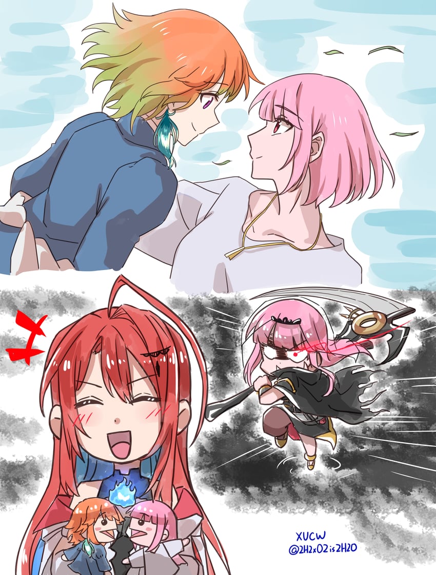 mori calliope, takanashi kiara, elizabeth rose bloodflame, howl pendragon, and sophie hatter (hololive and 2 more) drawn by xu_chin-wen