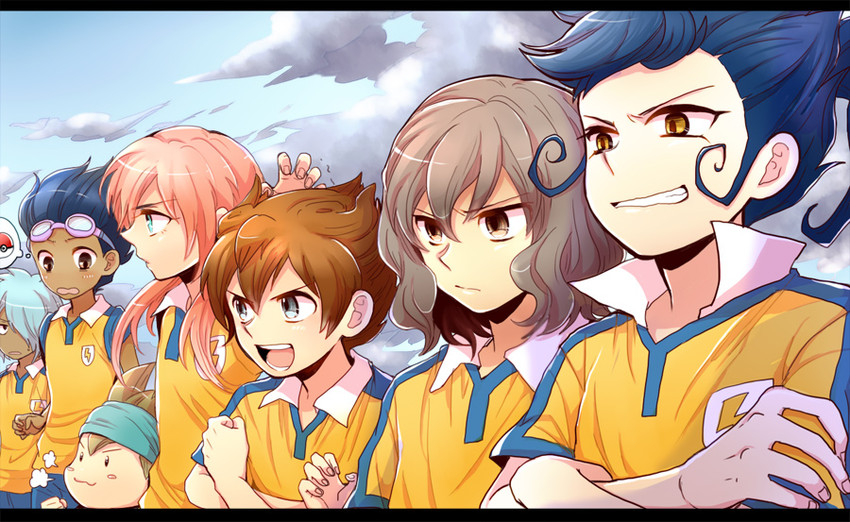 kirino ranmaru, shindou takuto, matsukaze tenma, tsurugi kyousuke, nishizono shinsuke, and 2 more (pokemon and 2 more) drawn by racotta
